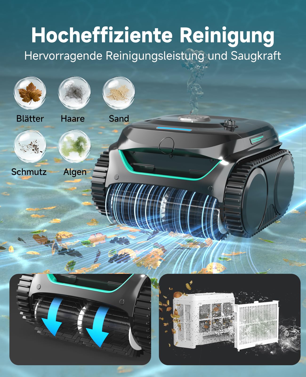 WYBOT C2 – Kabelloser Akku Poolroboter Mit 3 Motoren, Doppelfiltration, Reinigt Boden, Wand & Wasserlinie, 180 Min Laufzeit, Für Pools Bis 150㎡, App-Steuerung(Nebelgrün-Grün)