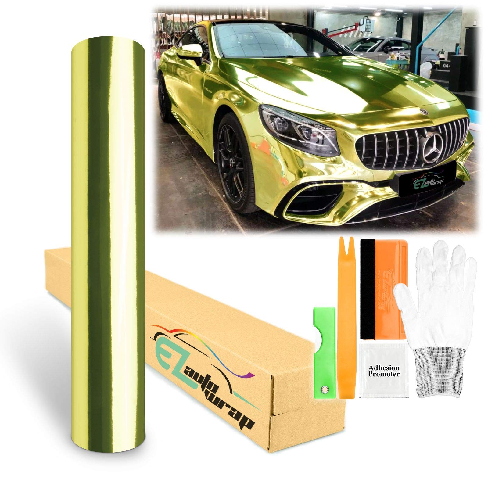 60"x540" (5FTx40FT) Supercast Chrome Yellow Vinyl Wrap Sticker Car Auto Vehicle Motorcycle DIY Decal Sheet with Air Release Channel Bubble Free Self Adhesive Peel and Stick Free Tool Kit