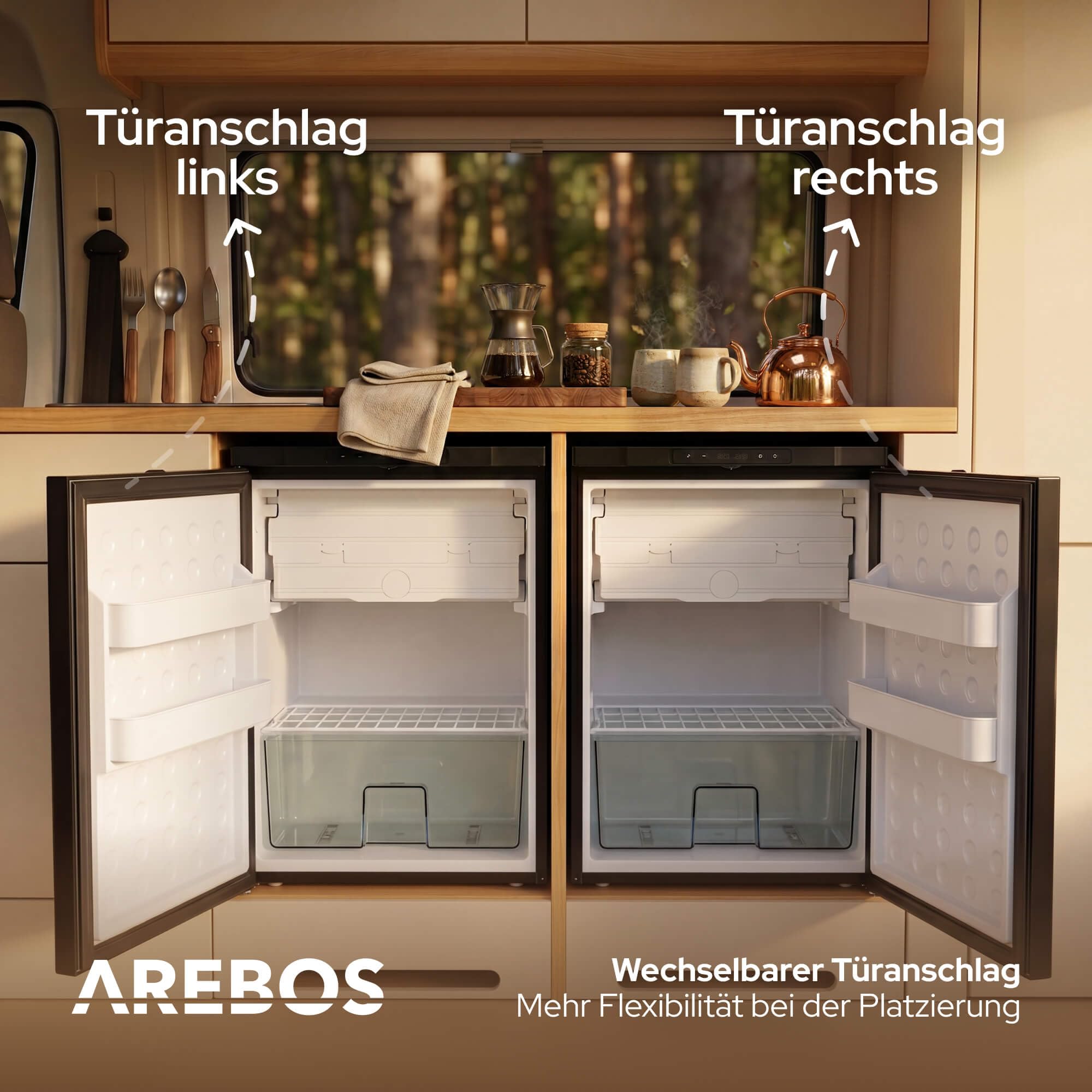 Arebos Wohnmobil Kompressor Kühlschrank 65L mit Gefrierfach | Camping & Outdoor Kühlschrank 12V/24V | bis -20°C | Auto & LKW | Wechselbarer Türanschlag | APP-Steuerung