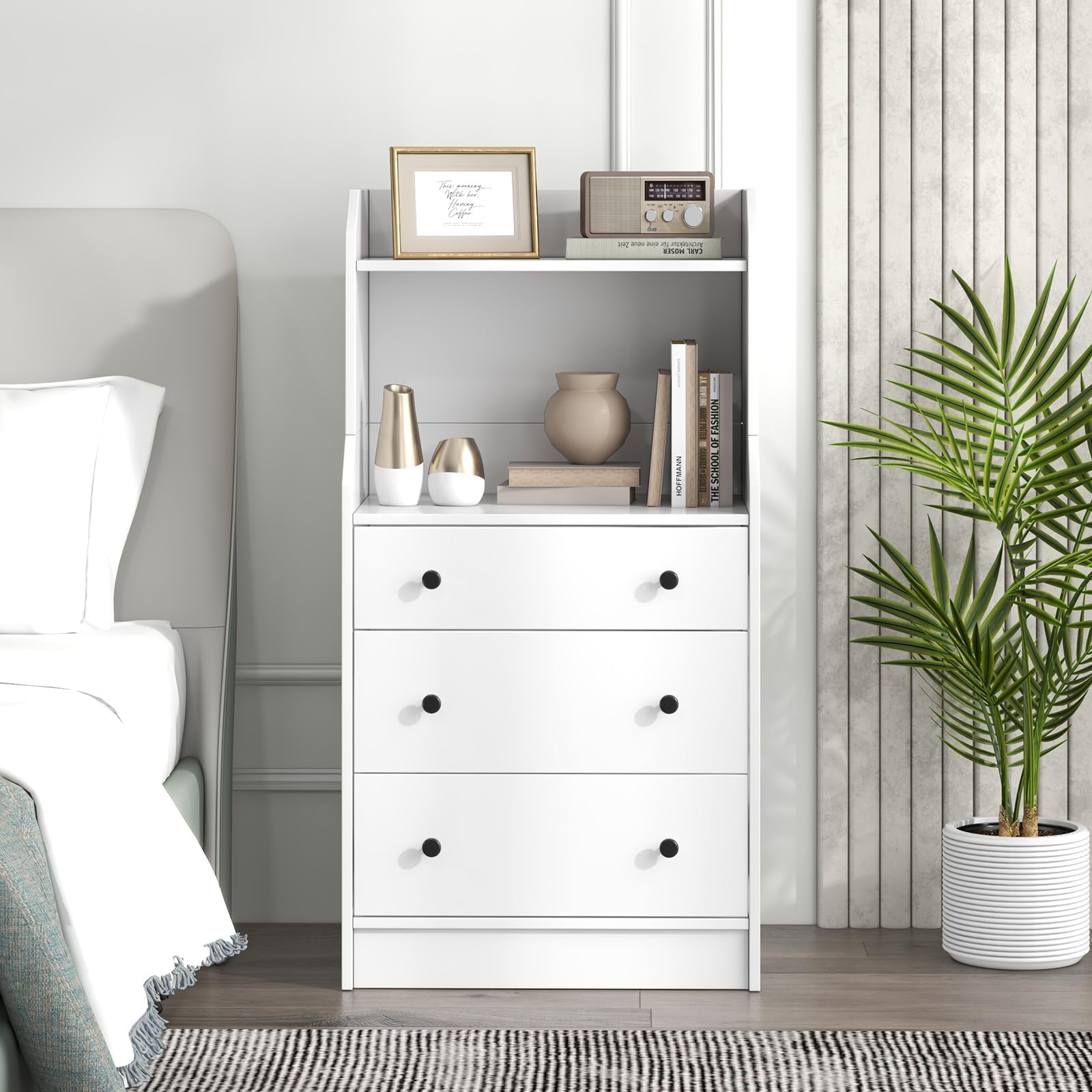 KOMFOTTEU Cómoda con 3 Cajones para Dormitorio con Dispositivo Antivuelco | Cajonera con Estantes Abiertos para Salón, Estudio, Mueble de Almacenamiento, Armario Auxiliar, 58 x 36 x 111 cm, Blanco