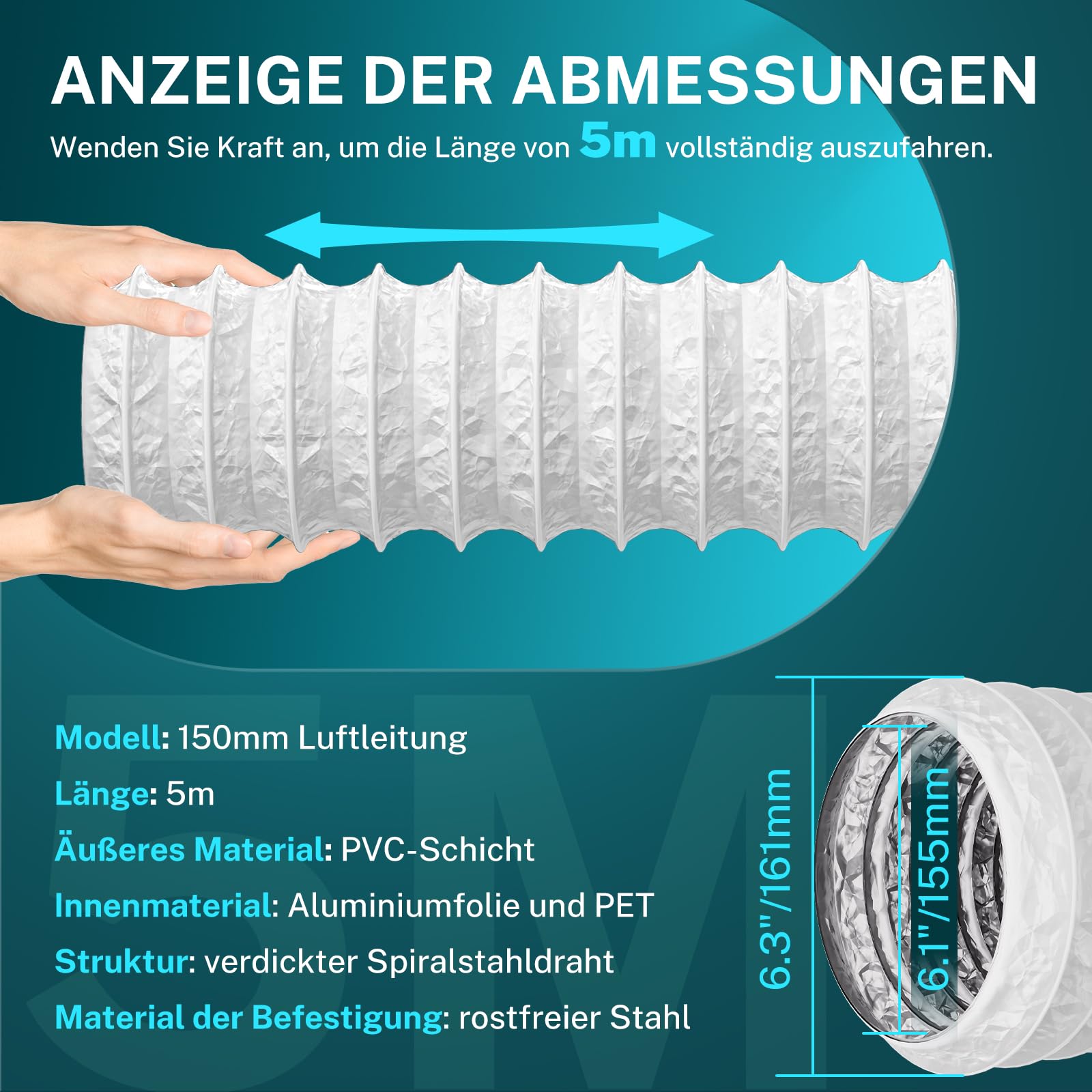 HG Power 150mm Abluftschlauch, 5m Flexibel PVC Alurohr Lüftungsschlauch Schallgedämmter Alu Flex-Schlauch Abluftrohr für Wachstumszelt Trockner Mobile Klimaanlage Abluftventilator, Weiß