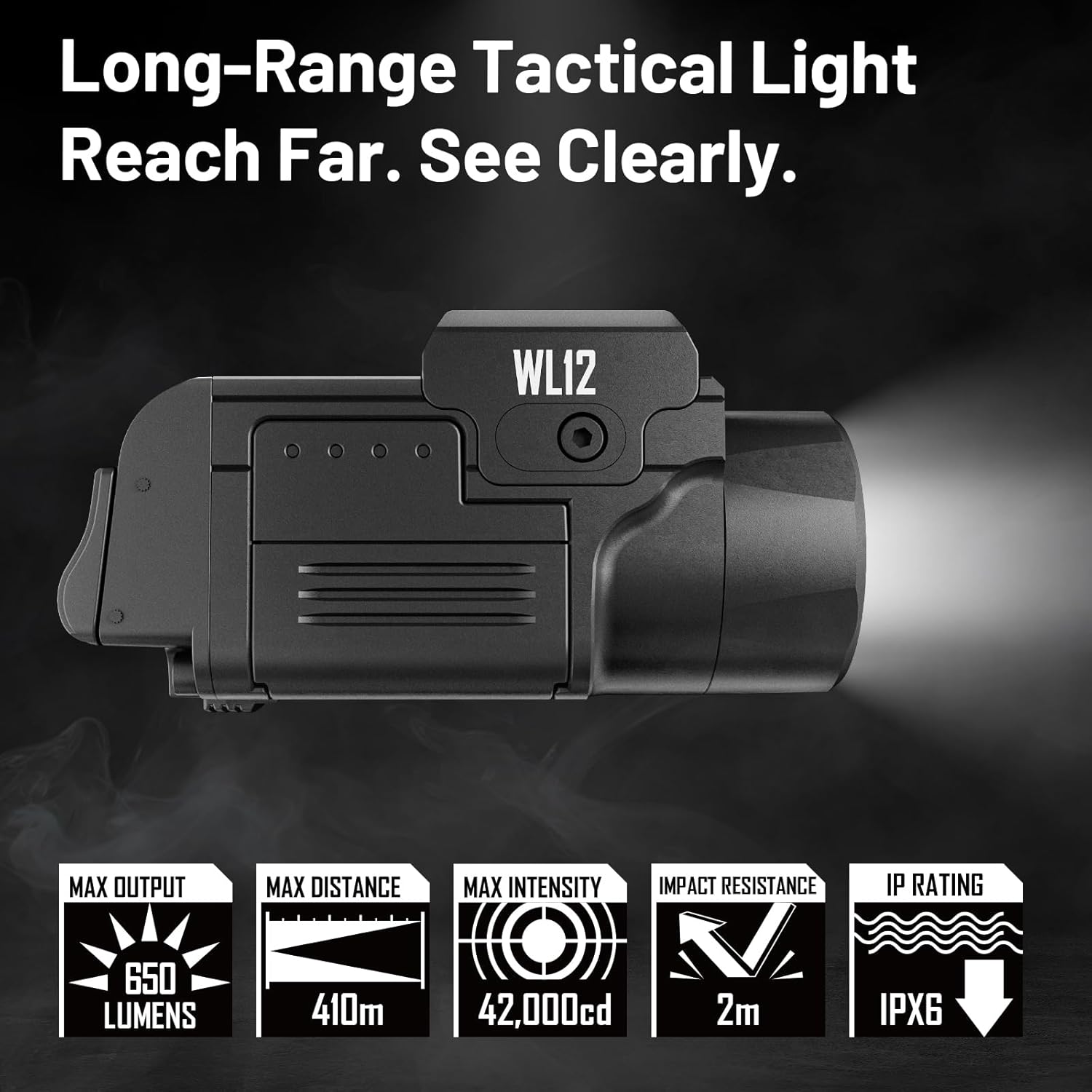 AIMWIN WL12 Weapon Light 650 Lumen 410 Meter Long Range 42000 Candela Compact Magnetic Rechargeable Rail Mounted Pistol Light Tactical Flashlight for GL Rail/1913 Picatinny Rail