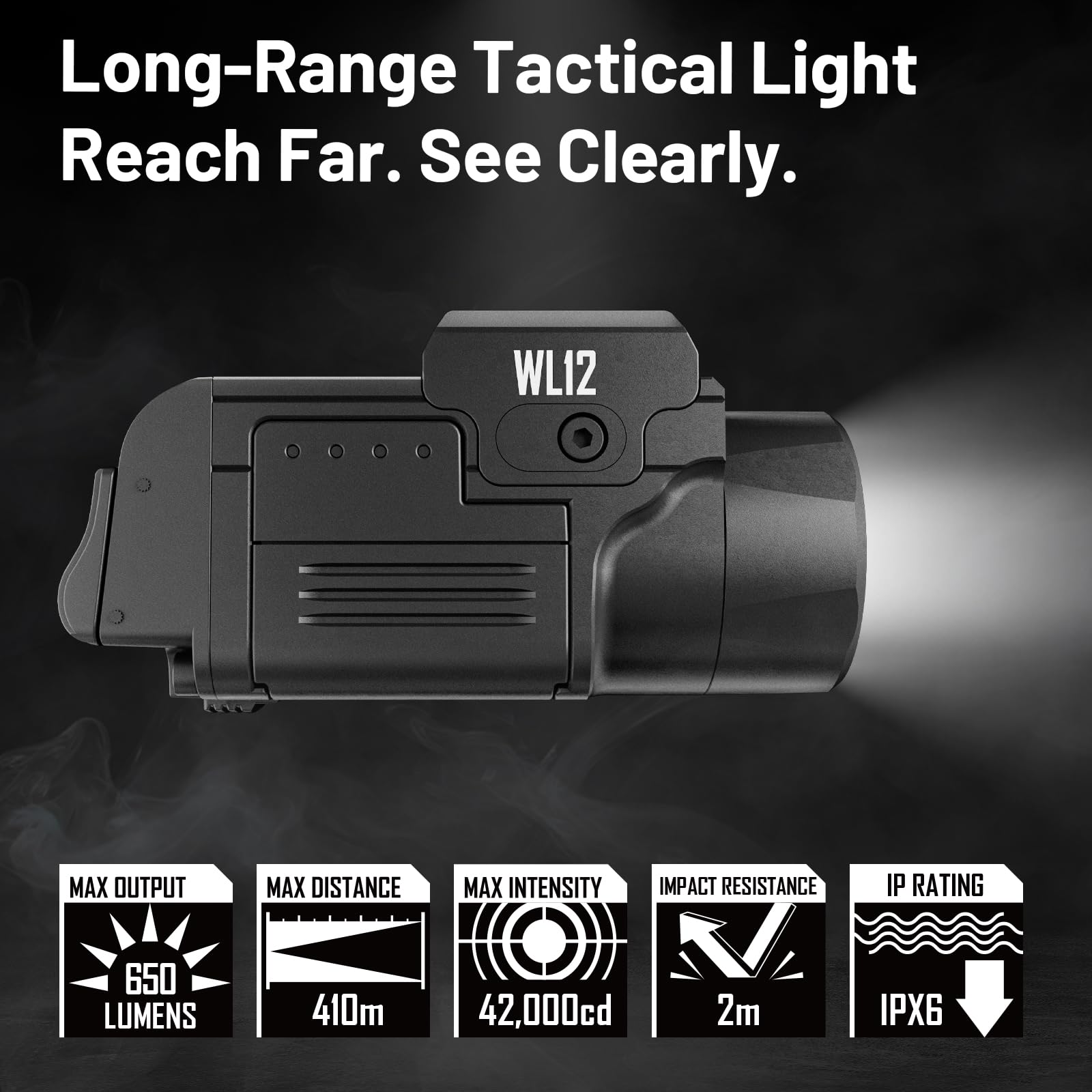 AIMWIN WL12 Lampe LED Puissante 650 Lumens Longue Portée 410 Mètres 42000 Candela Rechargeable Magnétique Compacte pour Rail Standard GL/Picatinny 1913
