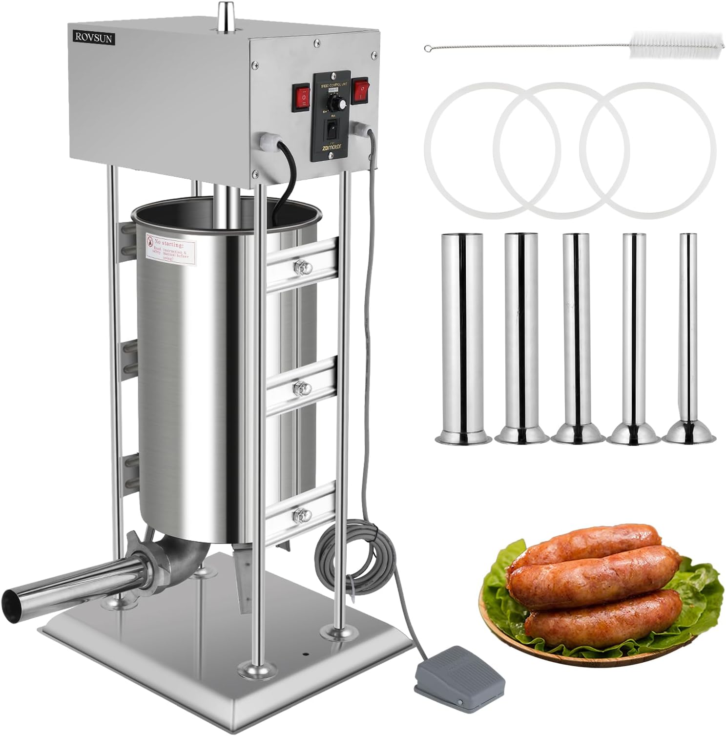 ROVSUN 55LBS/25L Electric Sausage Stuffer, Adjustable Speed Stainless Steel Sausage Maker Meat Stuffer, Heavy Duty Vertical Electric Stuffer Sausage Filler with 5 Stuffing Tubes, Home & Commercial