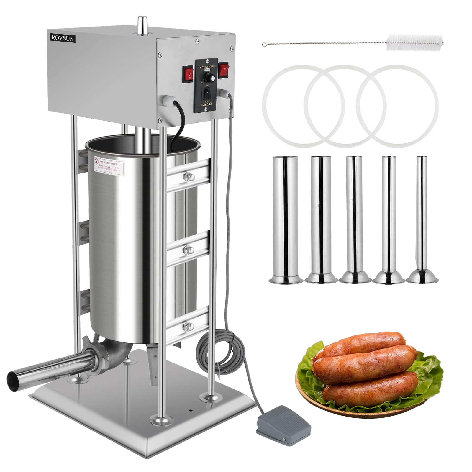 ROVSUN 55LBS/25L Electric Sausage Stuffer, Adjustable Speed Stainless Steel Sausage Maker Meat Stuffer, Heavy Duty Vertical Electric Stuffer Sausage Filler with 5 Stuffing Tubes, Home & Commercial