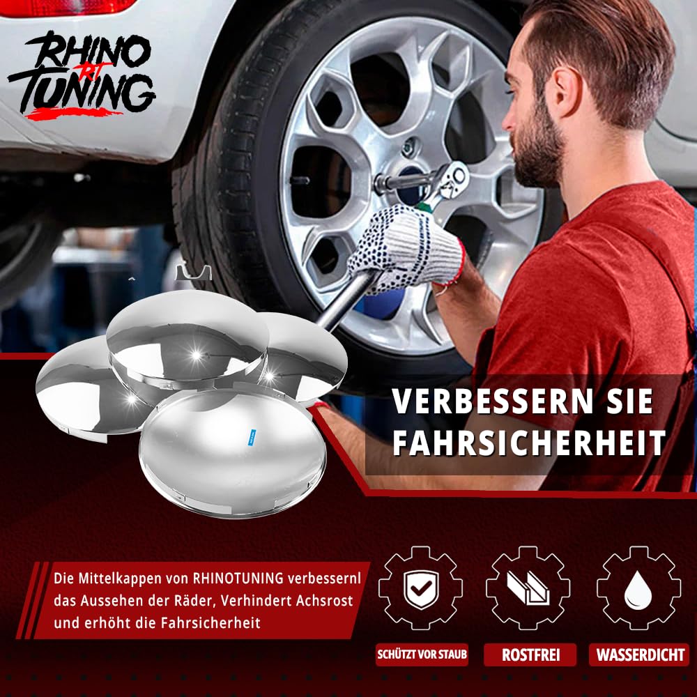 RhinoTuning 4 sztuki kołpaków do kołpaków kół OD 226 mm ID 218 mm wys. 60 mm, chromowane osłony piasty kół odpowiednie do przedniej osi koła, wymienne nakładki na felgi
