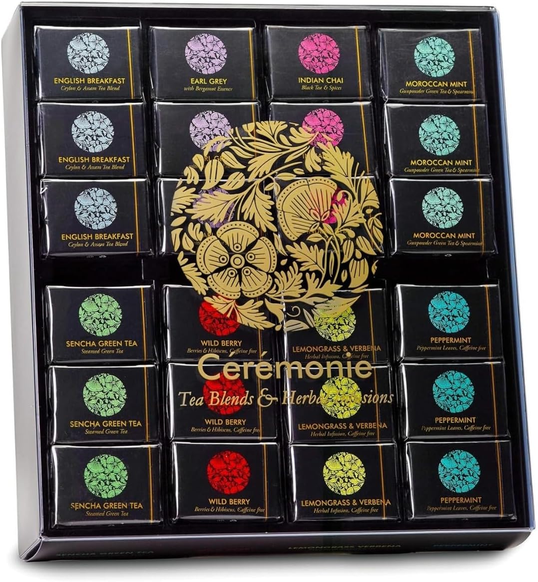 Ceremonie Tea Variety Pack - Kosher Tea Set with Wooden Serving Tray - Wrapped Individually in Silky Mesh Bags - Herbal Tea Boxes - Gift Set of 8 Different Flavors with 6 Cubes Each - Made in Israel