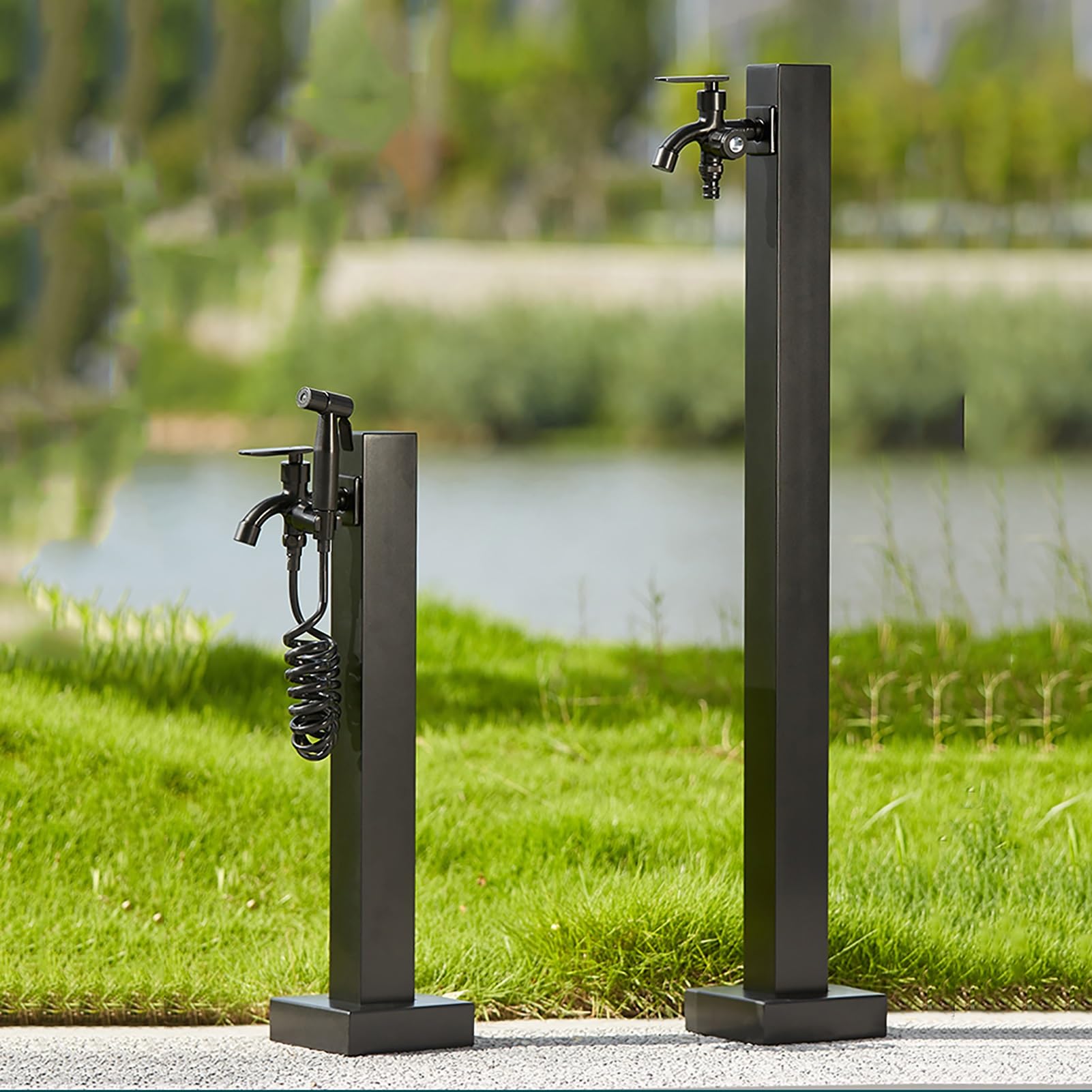 Negro Grifo Jardin INOX Grifo Exterior Grifo Patio Prueba de Congelación Poste del Grifo Columna de Agua(Color:Square colum wit Dual Faucet,Size:95cm)