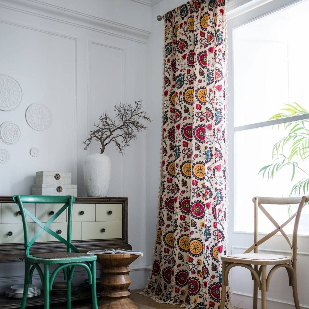 Zasłony do salonu, zasłony zaciemniające Boho 2 panele egzotyczne kolorowe mandala z nadrukiem kwiatowym frędzle bawełniana pościel zaciemniająca (2x szer. 59xdł. 63 cale