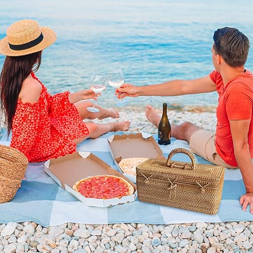 Miniatura 3 de Cesta de té de ratán con tapa, contenedor de almacenamiento rectangular con rejilla dividida de ratán agitado, organizador de almacenamiento de