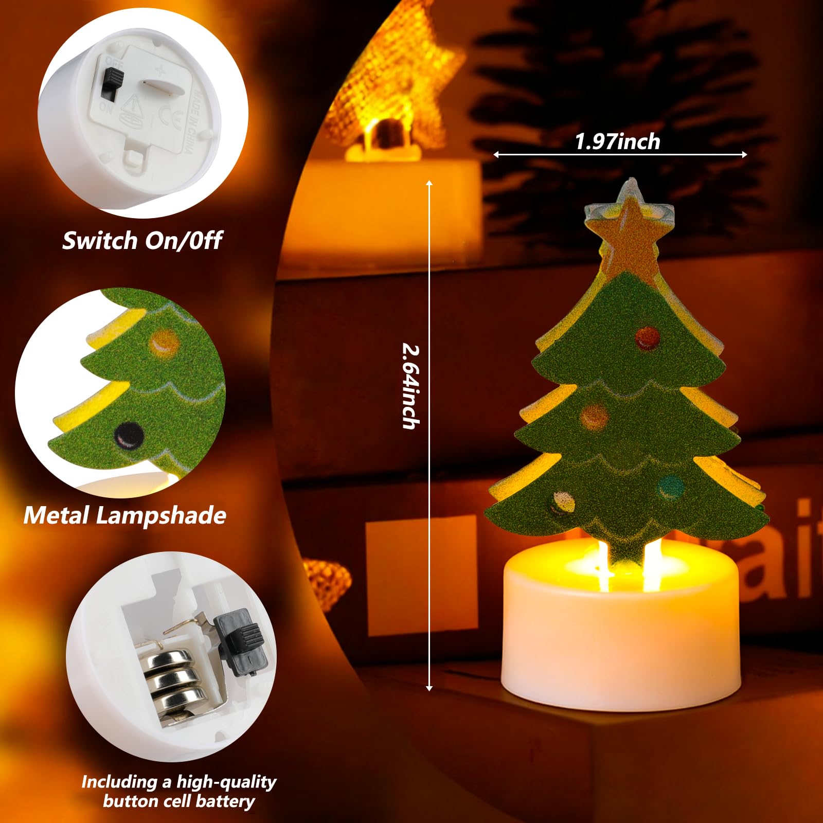 Candele natalizie, 6 lumini a LED senza fiamma, con 6 motivi festivi, funzionamento a batteria, per decorazione centrotavola da tavola