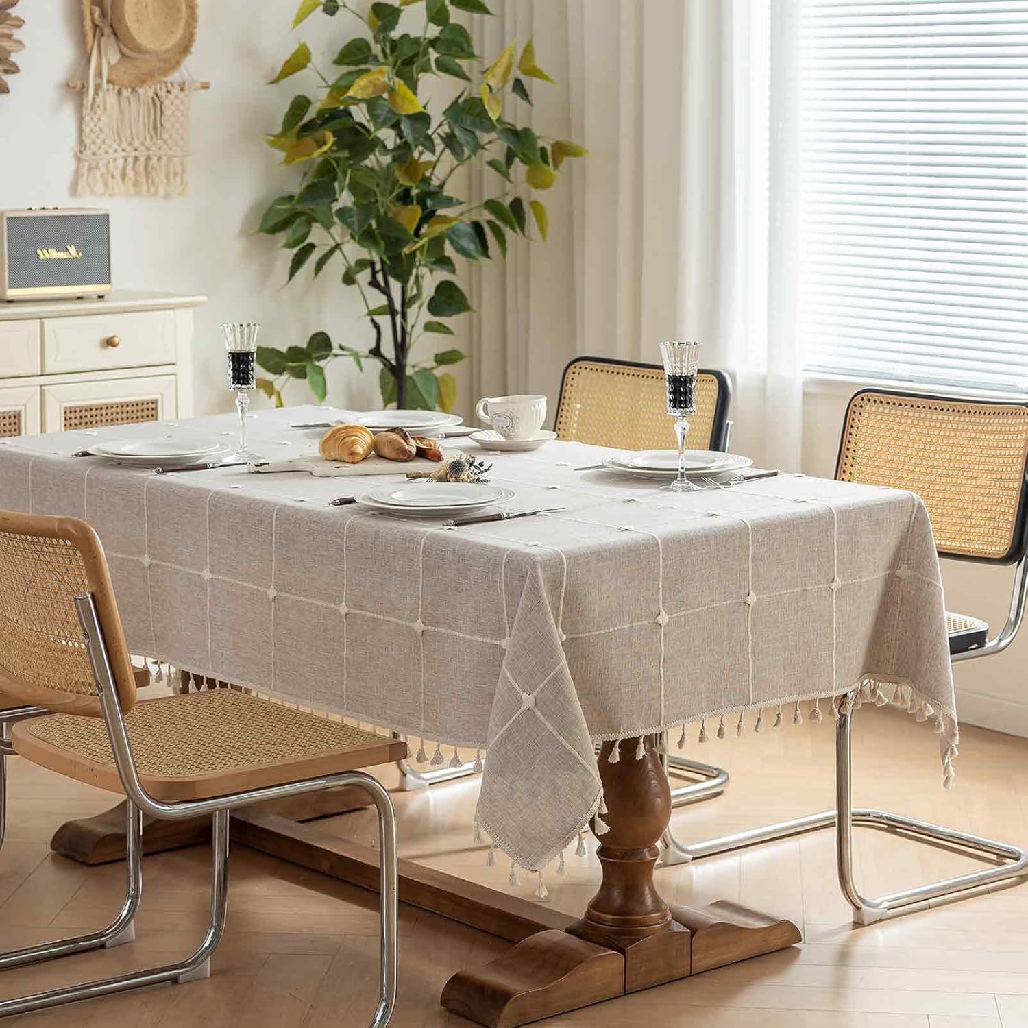 Rectangle Tablecloth Boho Grid with Tassels 55 x 120 Inch, Light Tan Embroidered Table Cloth Cover Heavy Weight Linen Look Farmhouse Plaid Checked, Water Resistant, Picnic, Indoor Kitchen Dining Beige