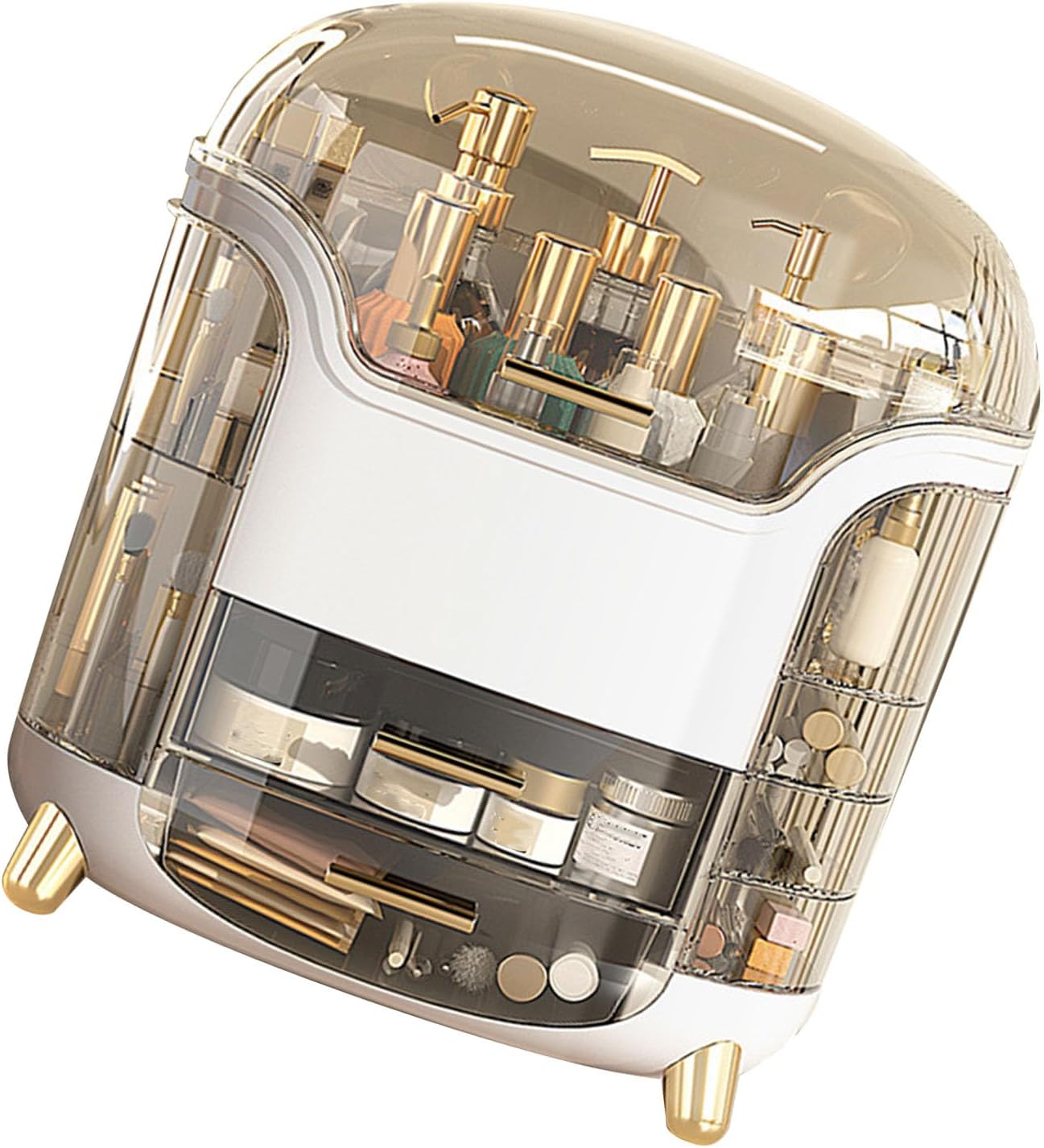 Oumefar Vertical Makeup Box Rotatable Cosmetic Organizer Large Capacity Transparent Storage with Compartment for Makeup Skincare Jewelry Lipstick ABS Material (Elegant White)