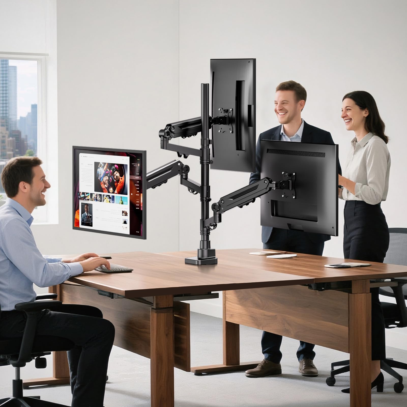 PUTORSEN Soporte para 3 monitores con Pantalla de 17-35 Pulgadas, Soporte para 3 monitores Regulable en Altura con 12 kg por Brazo, Barra de 80 cm, VESA 75/100 mm