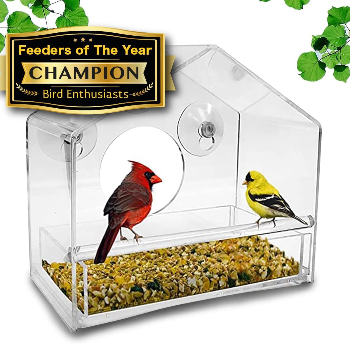 Nature Gear Acrylic Clear Bird Feeders for Window Viewing, Weather Resistant & Easy to Clean with Sliding Tray, Clear Window Bird Feeder with Strong Suction Cups, House Style