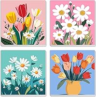 MXJSUA 4-Pack Flowers Paint by Numbers Kit for Kids 6-12 | Framed 8x8 Canvas, Acrylic Paints, Beginner Art Set for Creativity & Wall Decor