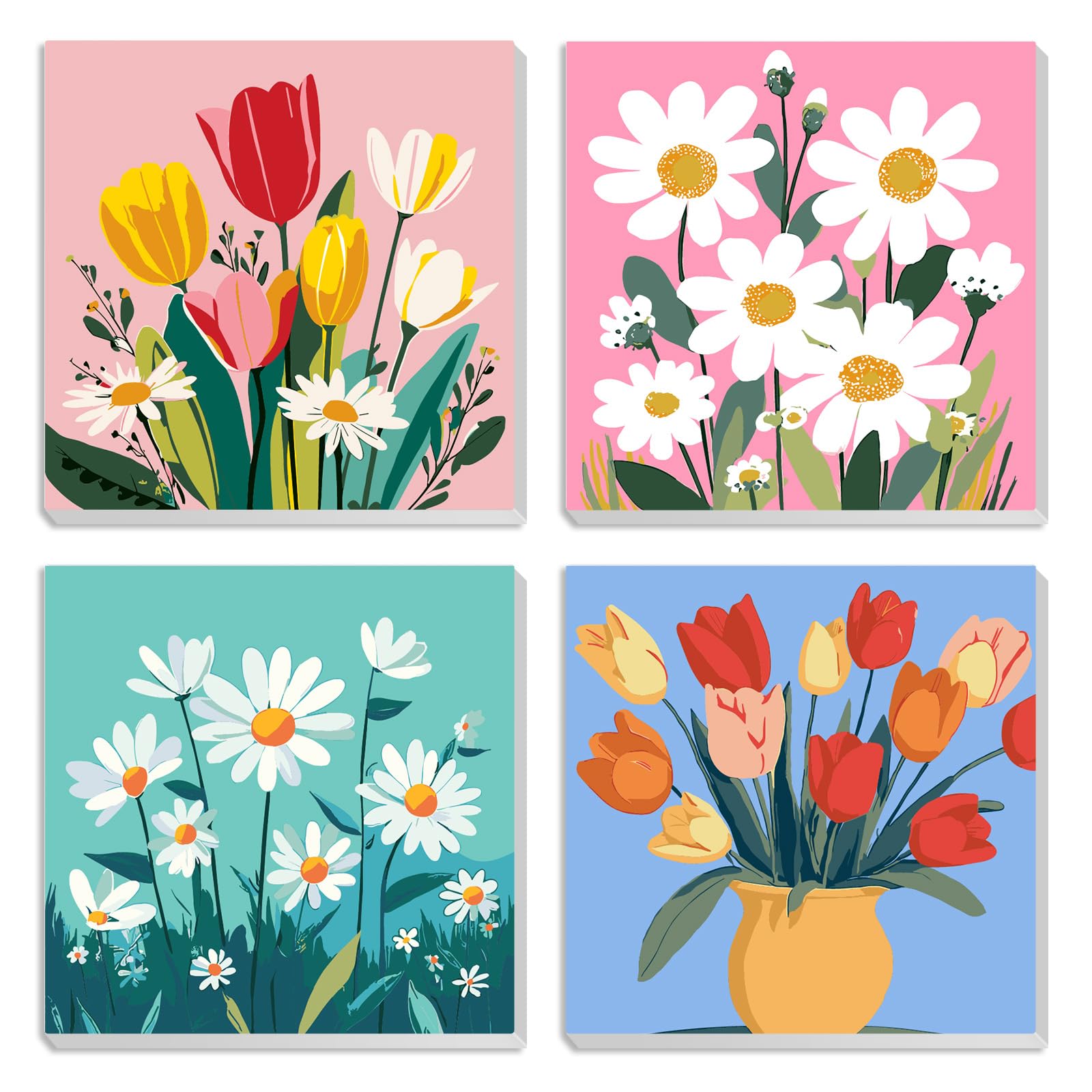 MOTGOM 4 Pack Paint by Numbers Kits for Adult with Frame Wooden Easel, Floral Bouquet Painting by Number Kits On Canvas, Simple Painting Kits for Gift Home Wall Decor 20x20cm