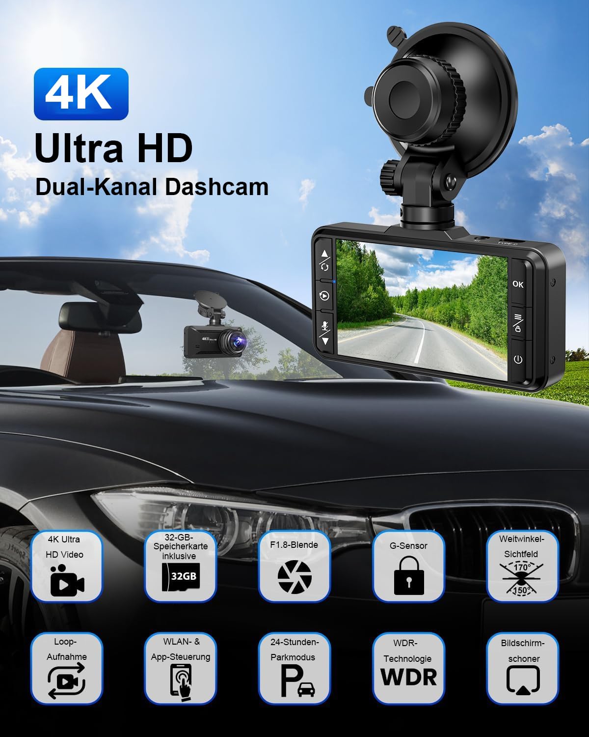 oryzoms 4K Dashcam mit 3,94" Bildschirm/Vorne & hinten/Autokamera mit 170° Weitwinkelansicht/Nachtsicht/Parküberwachung/G-Sensor –Loop-Aufnahme, ideal für sicheres Fahren