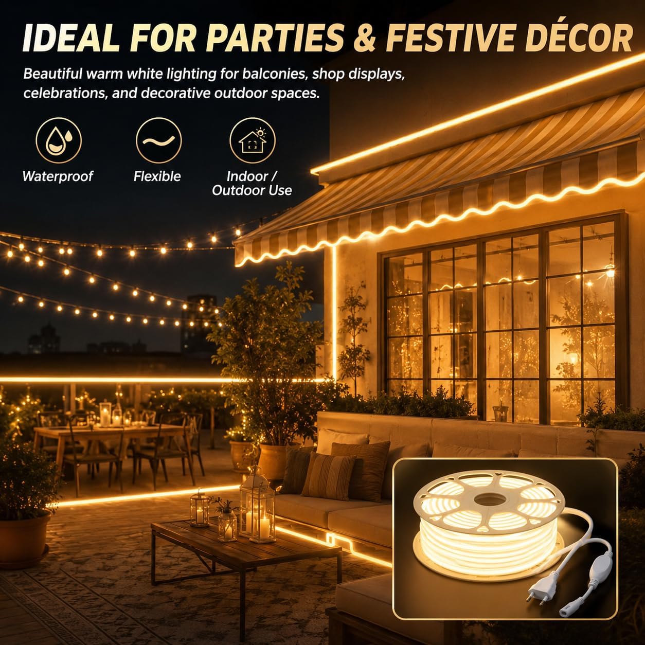 30M Warm White LED Neon Strip Light - Waterproof & Cuttable -6