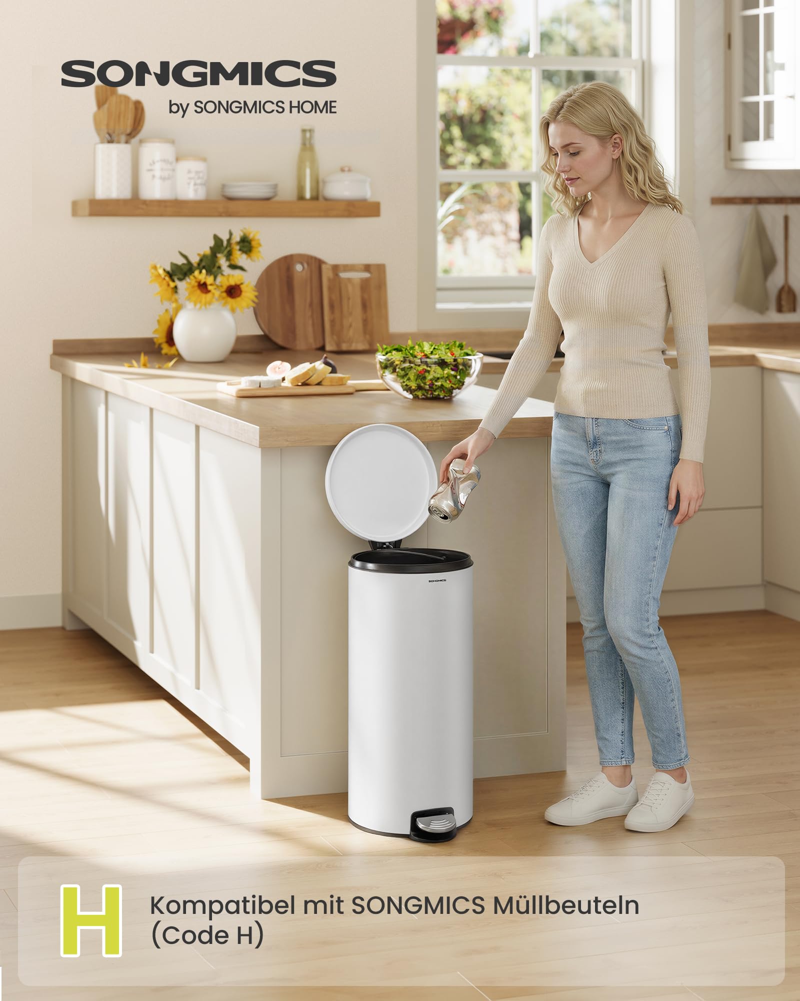 SONGMICS Mülleimer Küche, weiß, 30 L, mit Deckel, Softclose