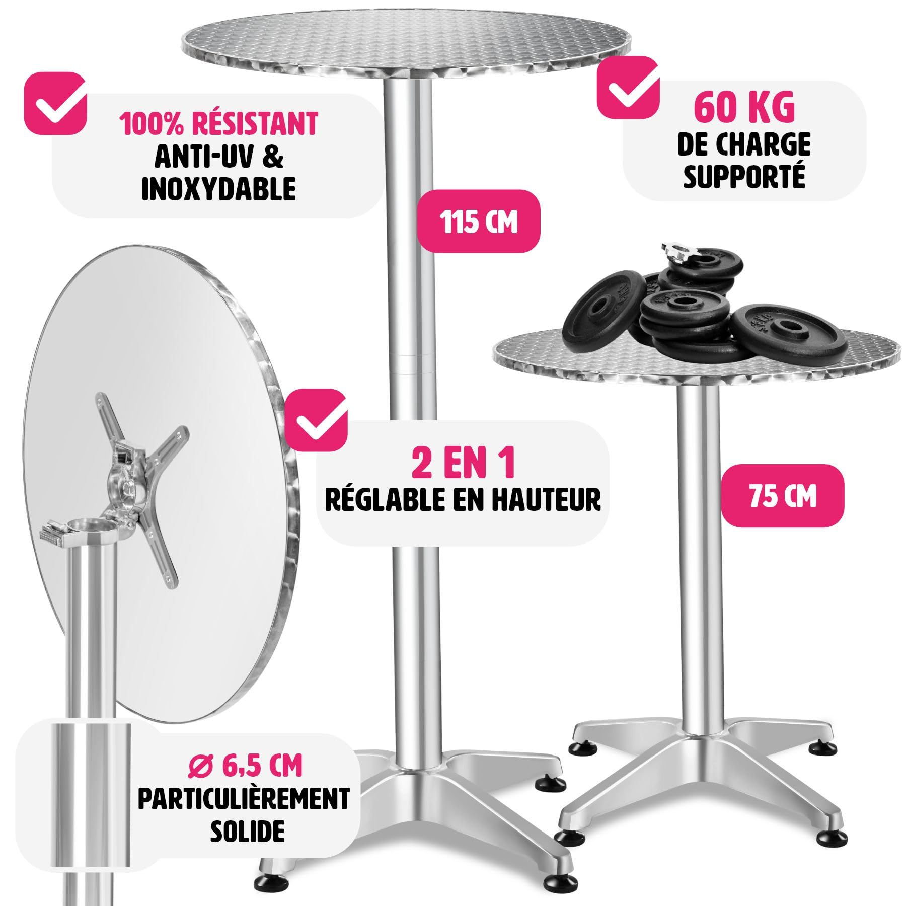 tectake® Table Haute Mange Debout Table Bistrot Table de Bar Ronde Pliable Aluminium Hauteur réglable 75 ou 115 cm Ø 60cm Meuble Exterieur pour Reception Mariage Anniversaire Fête de Jardin