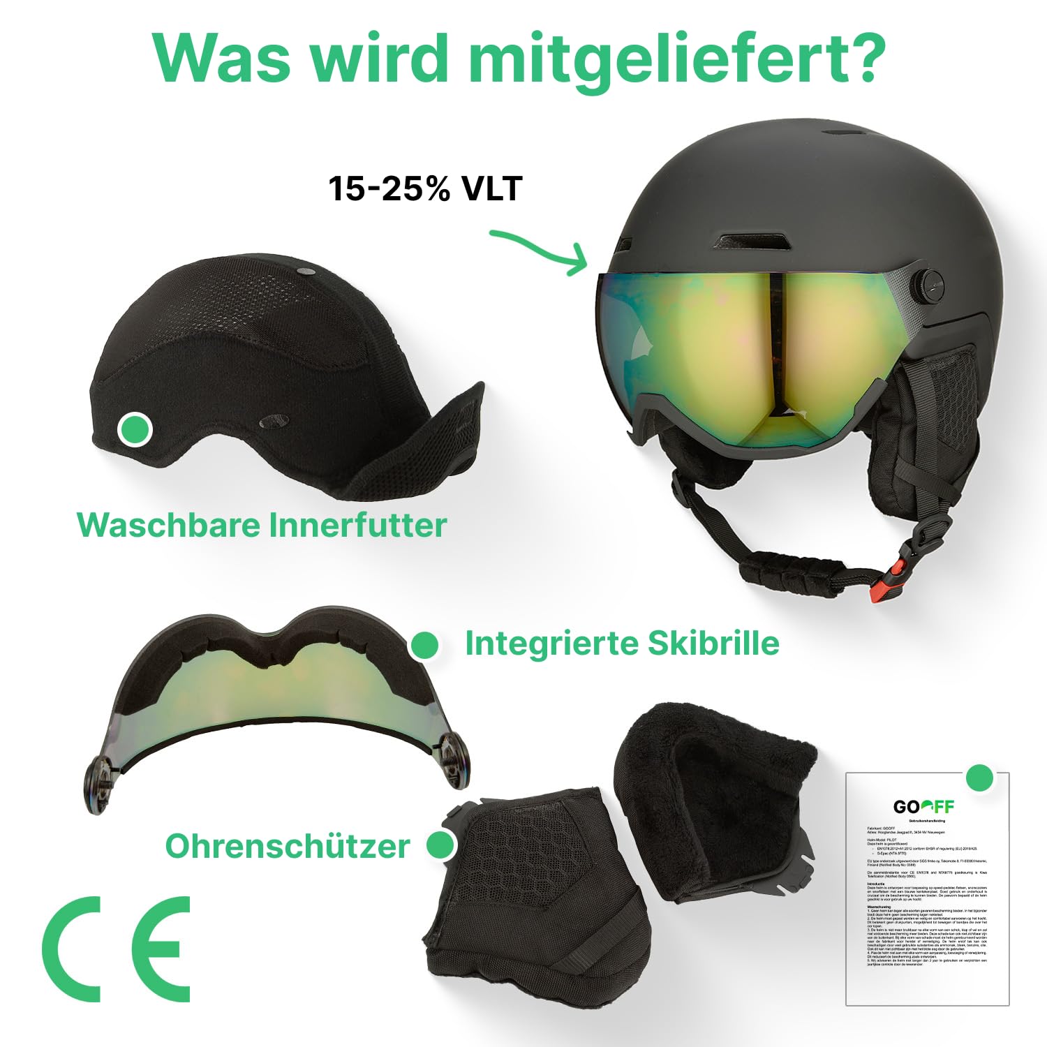 GOOFF Xtreme Casco da sci con visiera – Casco da sci con occhiali da sci – Ventilazione utilizzabile anche con i guanti sul casco, cuscinetti auricolari rimovibili per le giornate calde – offre la