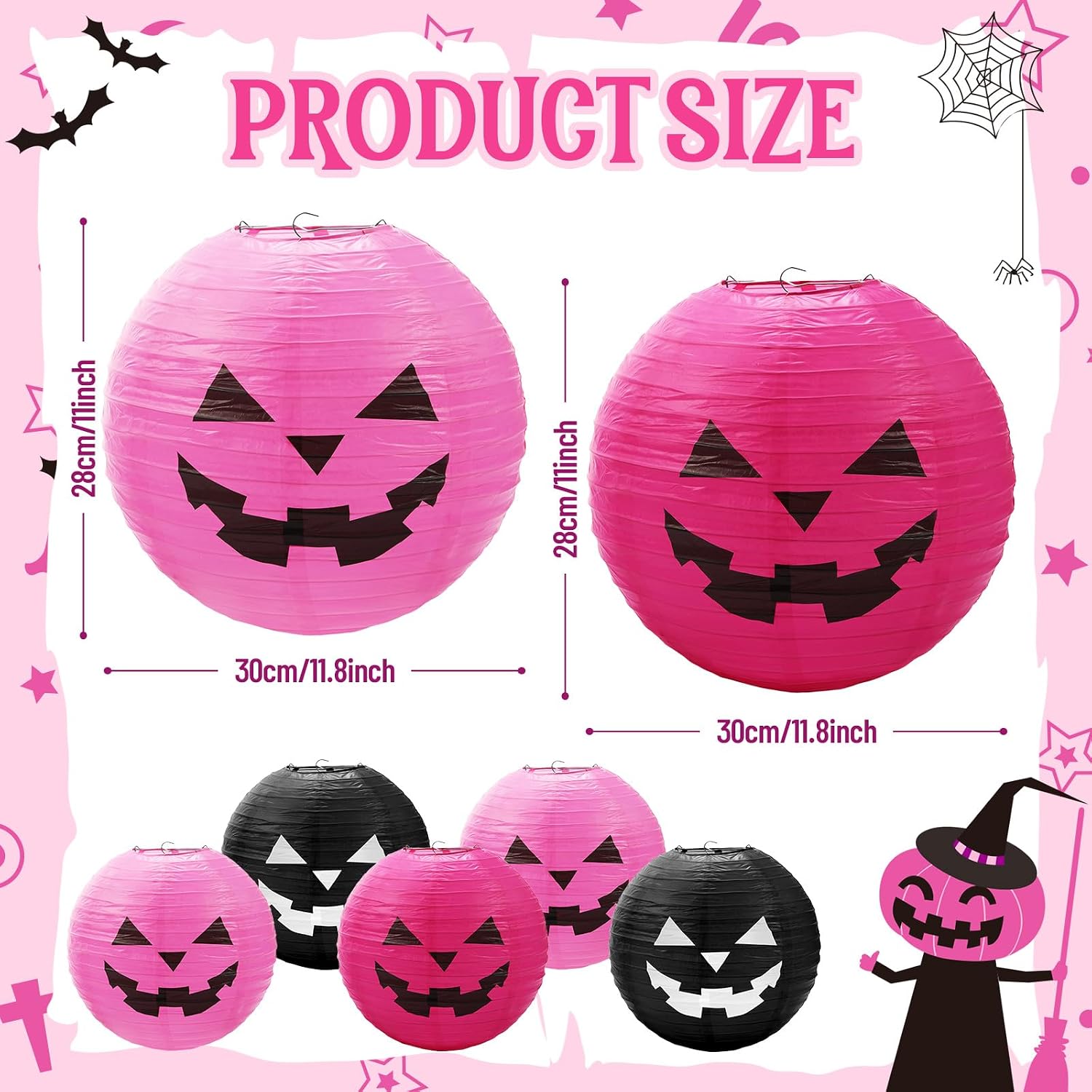Blulu 6 Pieces Halloween Hanging Paper Lanterns Set Pumpkin Paper Jack-O'-Lantern for Halloween Spooky Home Party Decoration, 11.8 x 11 Inch (Pink,Black) image 2