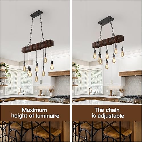 Miniatura 2 de KEESFU Candelabros rústicos de 8 luces para comedor, lámpara colgante de techo de madera de granja, altura ajustable, lámpara rectangular para