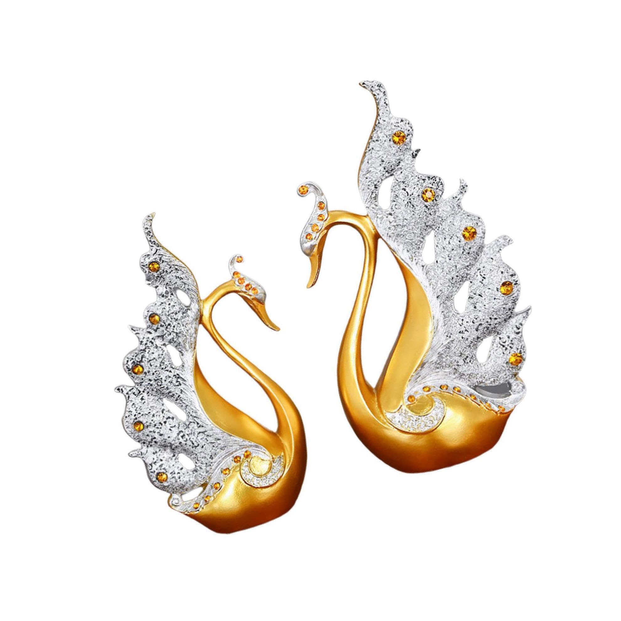 ALCXAZS Graceful Swan Couple Statue Figurines Delicate Resin Ornaments for Home Decor Room Gift, Golden White, 29.5x30cm
