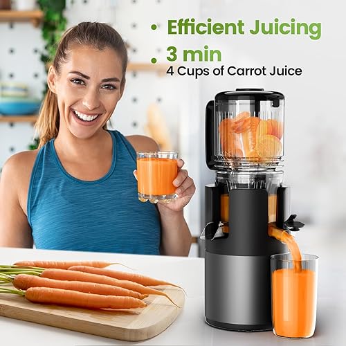 Miniatura 2 de Exprimidor de prensa en frío, alta retención de nutrientes, 99% de rendimiento de jugo, canal de alimentación de 5.3 pulgadas de ancho para frutas y