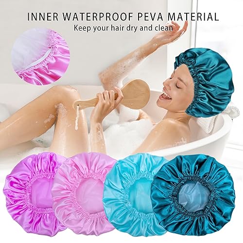 Vista 7 de Gorros de ducha para mujer, 4 gorras de baño elásticas y reutilizables, doble capa impermeable, gorras de ducha de baño, sombrero de baño