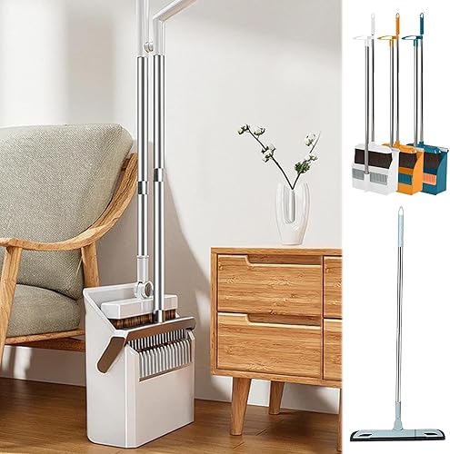 Miniatura 5 de Juego de escobas y recogedor, combinación de recogedor vertical con mango largo mejorado y escoba de piso, raspador de piso suave para el hogar,