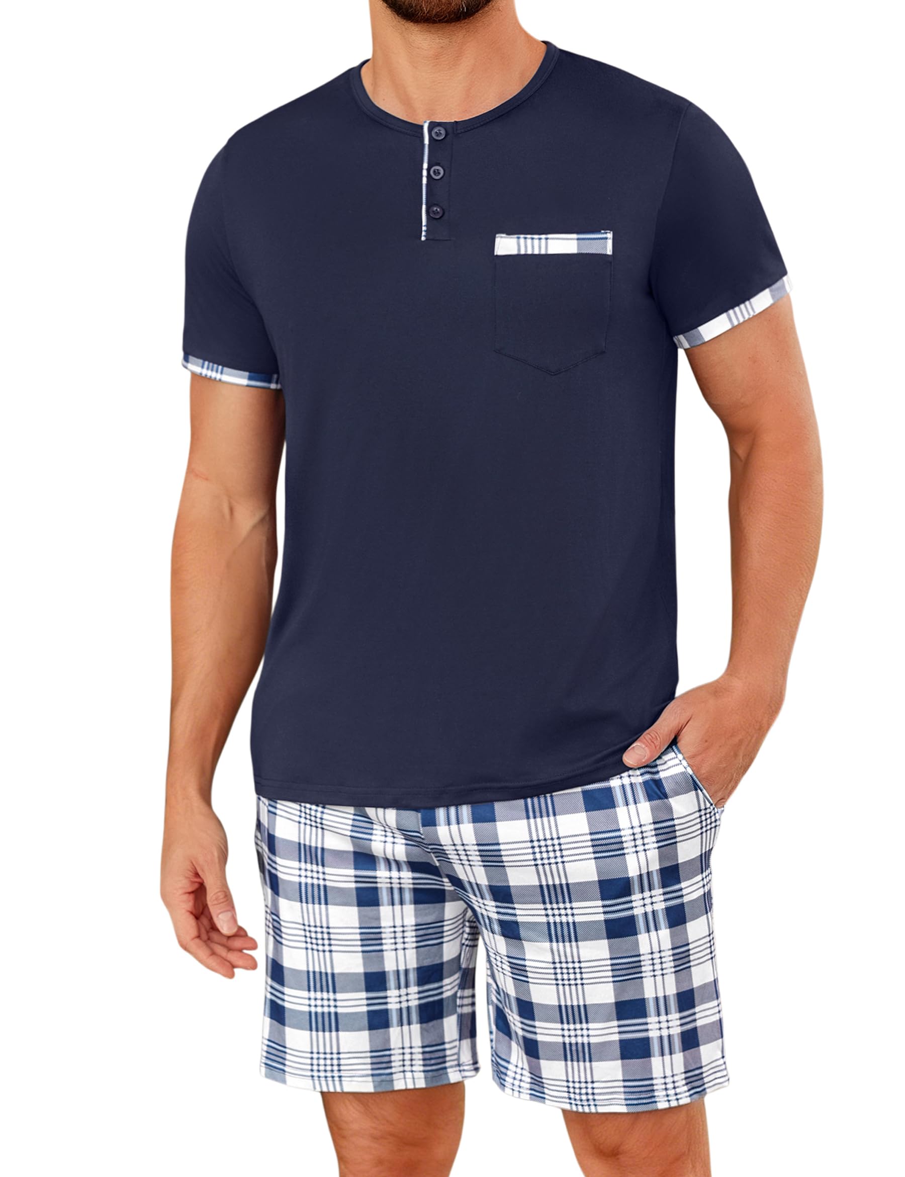 Uniexcosm Herren Schlafanzug Kurz Zweiteiler Sommer Pyjama Set Baumwolle Kurzarm Nachtwäsche und Karierten Shorts für Männer