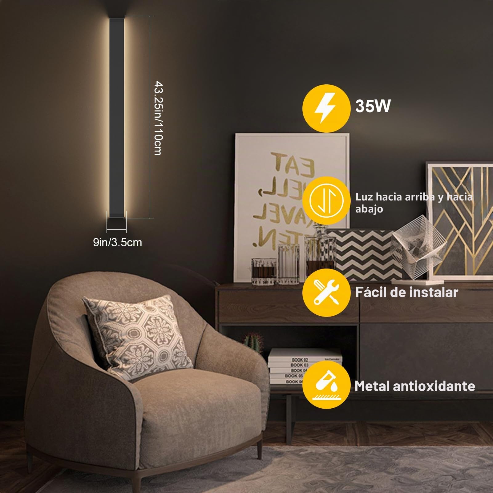 K-Bright 35W Aplique Pared Interior LED, lámpara de pared moderna de 110 cm para el dormitorio, sala de estar, IP44,4000K, arriba y abajo de iluminación, Negro