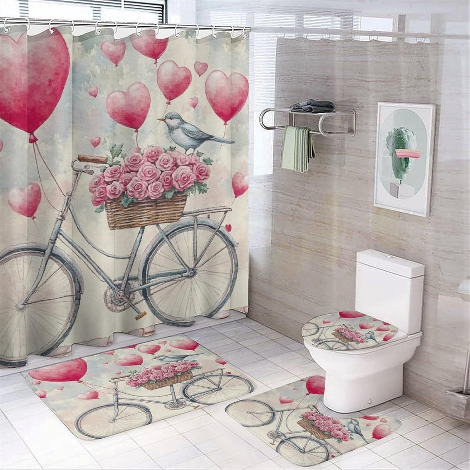 4Pcs Boho Bird Bicycle Basket Shower Curtain Sets, Red Flower Balloon Shower Curtains for Bathroom with Rugs, Toilet Lid Cover, Bath Mat, 72" x 72"