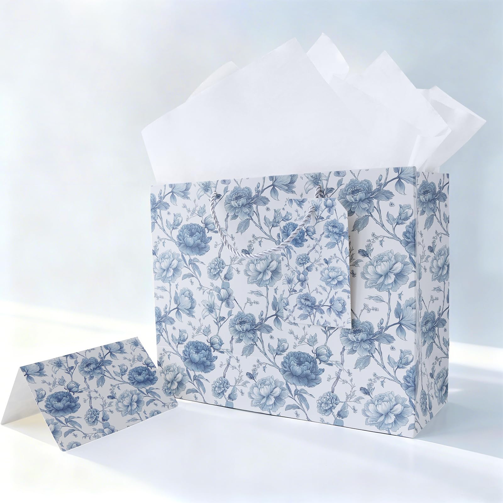 JAYTEM Bridal Shower Gift Bag, 13" Blue and White Large Wedding Gift Bag with Tissue Paper Greeting Card Tag Envelope, Chinoiserie Peony Floral Elegant Gift Bags for Women, Anniversary, Mother's Day, Birthday, Christmas
