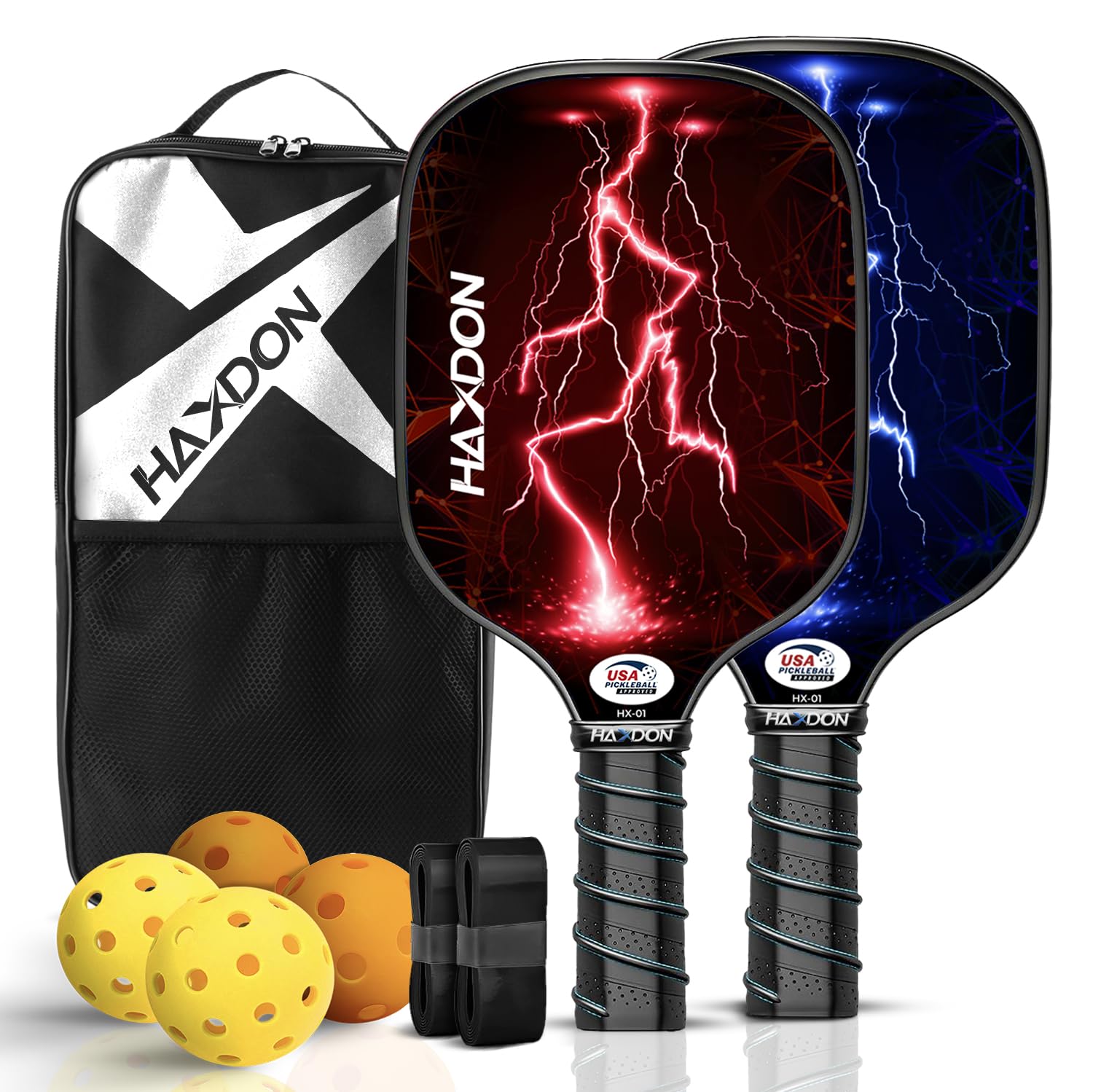 Pickleball Paddles Set of 2 USAPA Approved Fiberglass Surface Set with 2 Paddles, 4 Balls, Grip Tapes & Portable Carry Bag for Men, Women & Beginners