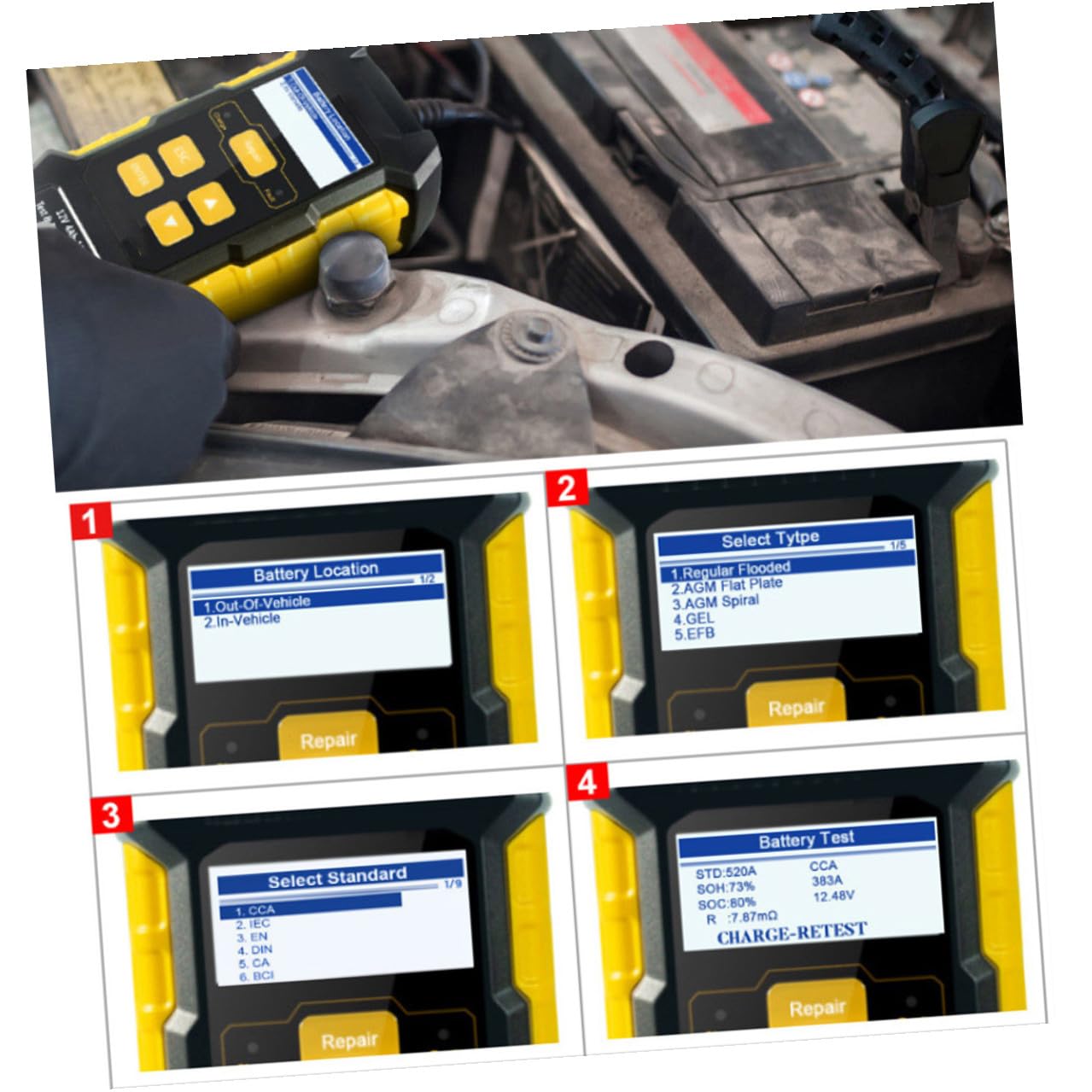 Testeur de Batterie Voiture 12v Jaune Lecture Rapide, Technologie de Test