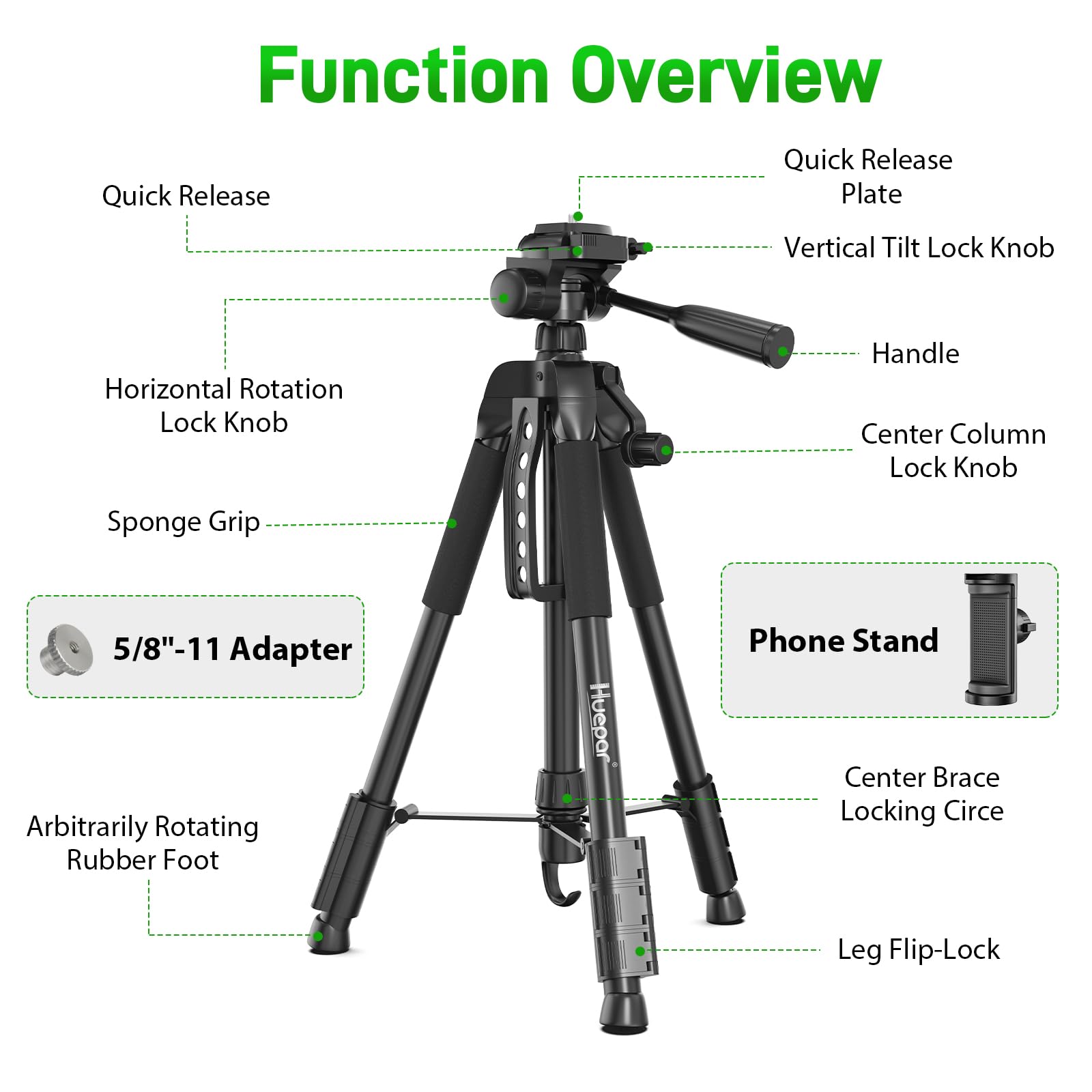 Huepar TPD14A1 150cm Trépied Réglable Portable pour Niveau Laser, avec Tête Panoramique Flexible 3-Voies et Niveau à Bulle,Support pour téléphone avec Vis 1/4"-20 et Écrou d'adaptation 5/8"-11