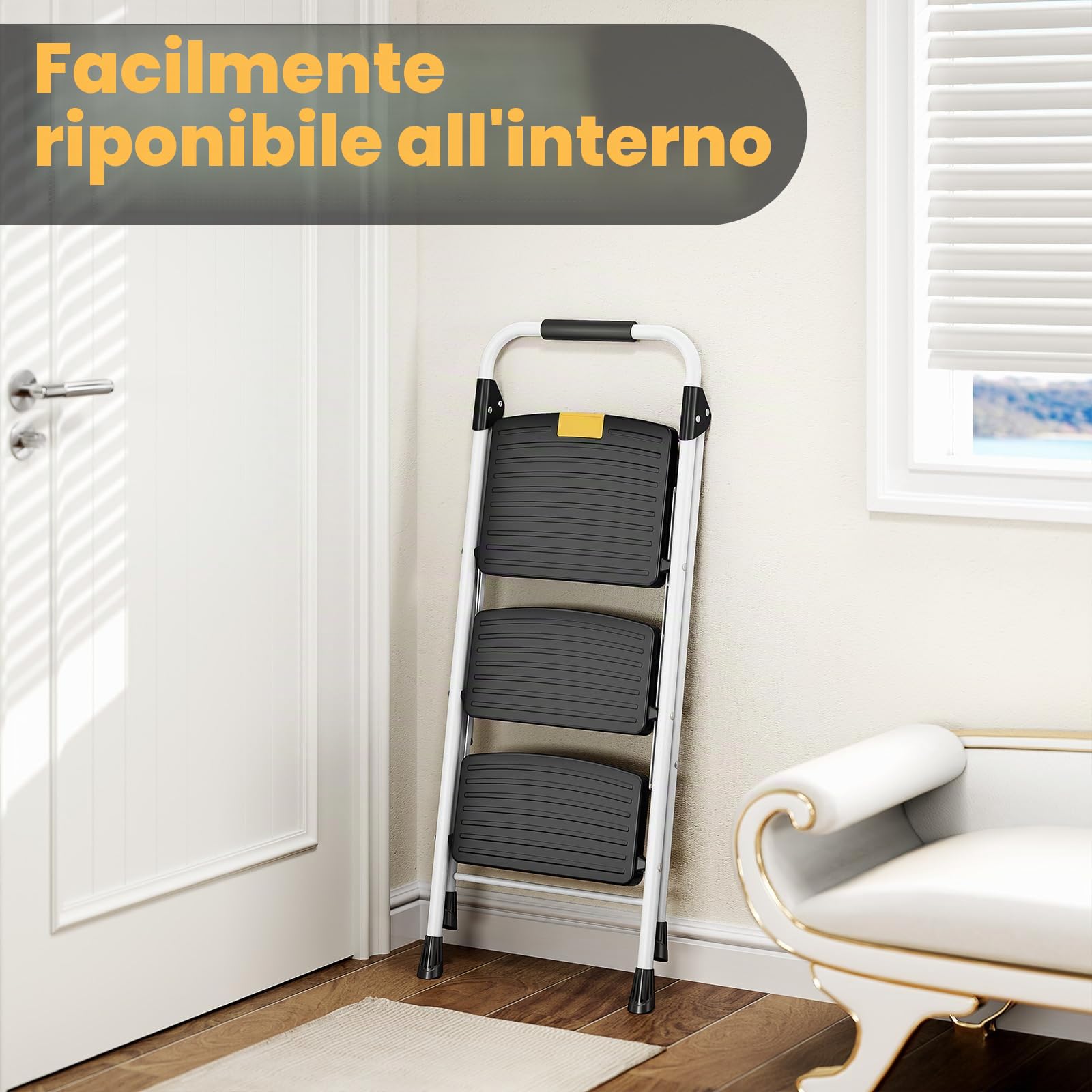 Urackify Scaletta 3 Gradini Pieghevole, portata 150 kg, sgabello pieghevole per Casa Ampia Pedata Antiscivolo & Maniglia Sicura Design Compatto, scala Pieghevole ideale per uso domestico e lavorativo