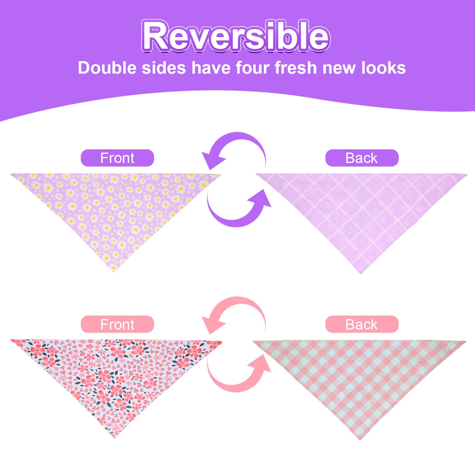 Summer Dog Bandanas Girl XLarge 2PCS, Purple Pink Daisy Scarf, Durable Triangle Reversible Spring Bibs Handkerchief for Puppy Pet