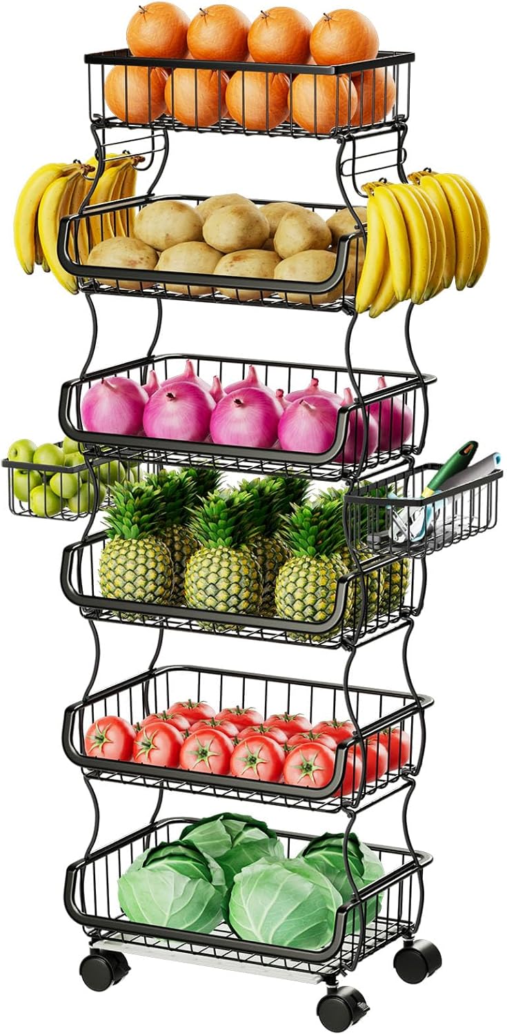 Simple Trending 4 Tier Rolling Cart, Stackable Fruit Vegetable Basket with Wheels and 2 Hanging Basket, Kitchen Storage Metal Wire Basket Stand for Vegetable Snacks, Black