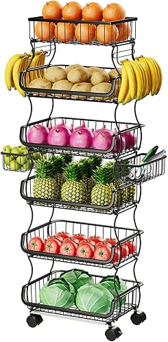 Simple Trending Carrito rodante de 6 niveles, cesta apilable de frutas y verduras con ruedas y 2 cestas colgantes, cesta de alambre de metal para