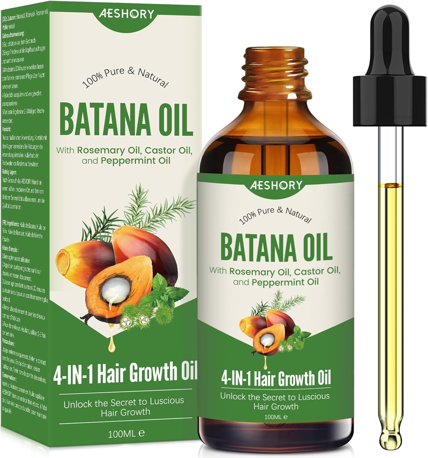 4 in 1 Batana-olie 100ml, 100% Natuurlijke Batana-olie voor Haar, met Ricinusolie, Rozemarijnolie, Pepermuntolie, Multi -effect Batana-olie Om het Haar te Herstellen, Voeden en Versterken