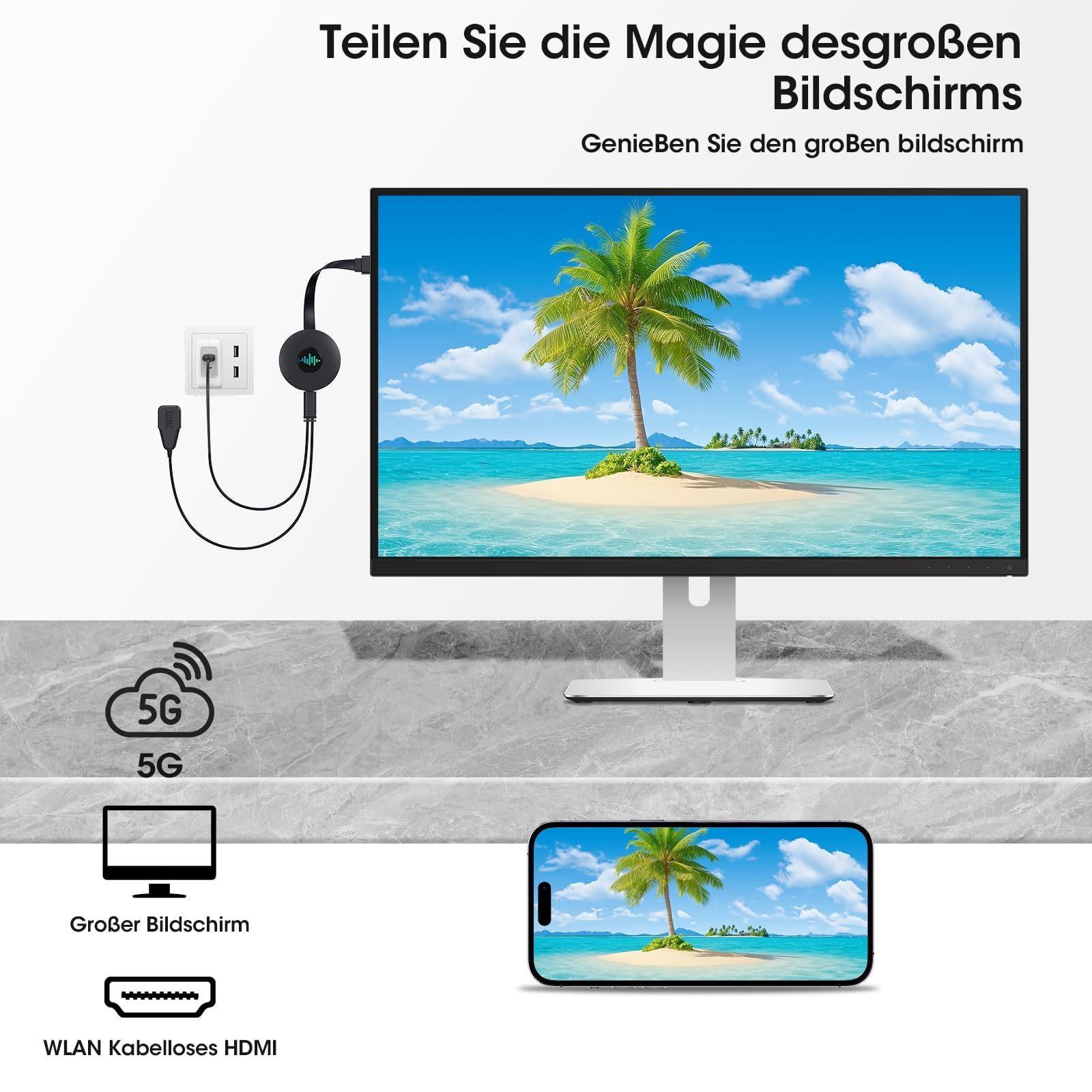 5G Wireless HDMI Adapter, 4K Miracast Dongle mit Screen Mirror, Miracast/Airplay/DLNA Screen Mirroring für i-Phone/Android/iOS zu TV/Monitor/Laptop/Tablet, Plug & Play (Kohleschwarz)