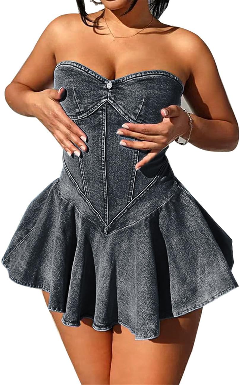 Women's Sexy Strapless Tube A-Line Mini Denim Jean Dress - Image 2