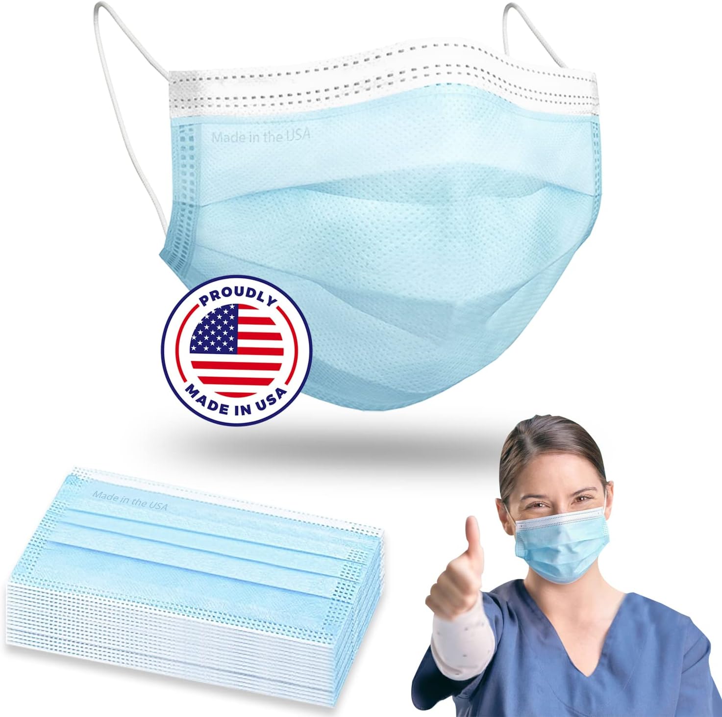 Brightt Made in USA ASTM Level 3 Face Mask Single Use Disposable 3-Ply Face Masks with Ear loops (Box of 50)