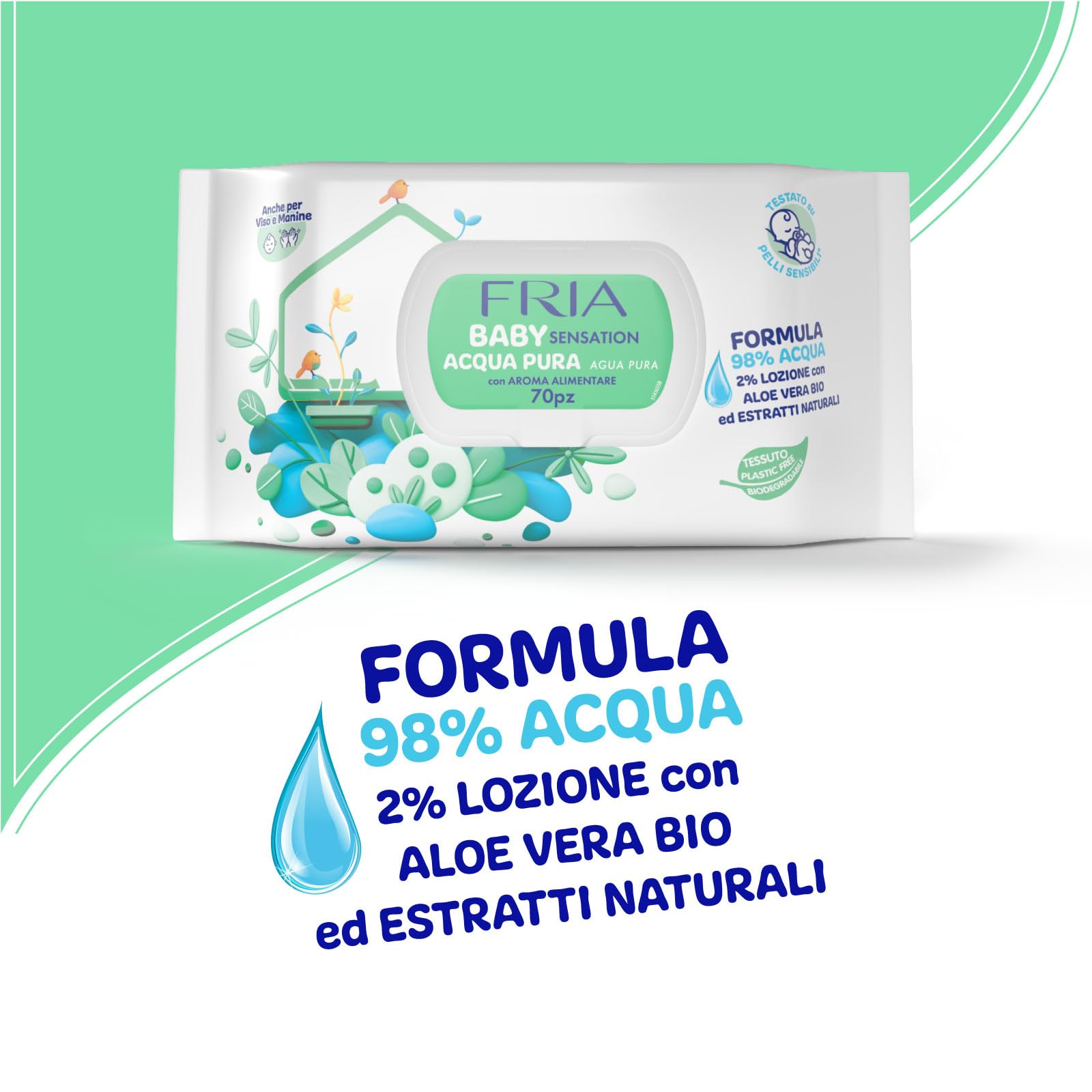 Fria Baby Sensation Acqua Pura Salviette per Cambio Pannolino, 98% Acqua Purificata, 70 Salviette