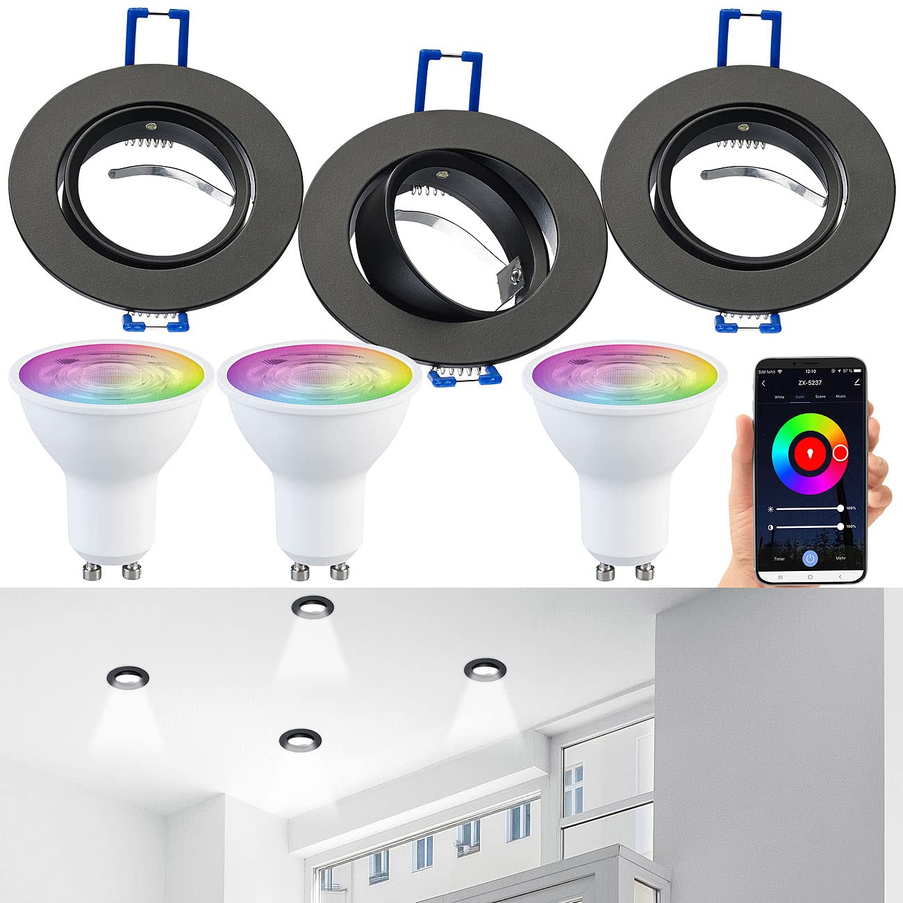 3 cadres encastrables coloris noir avec 3 ampoules LED connectées LAV-300.zigbee [Luminea]