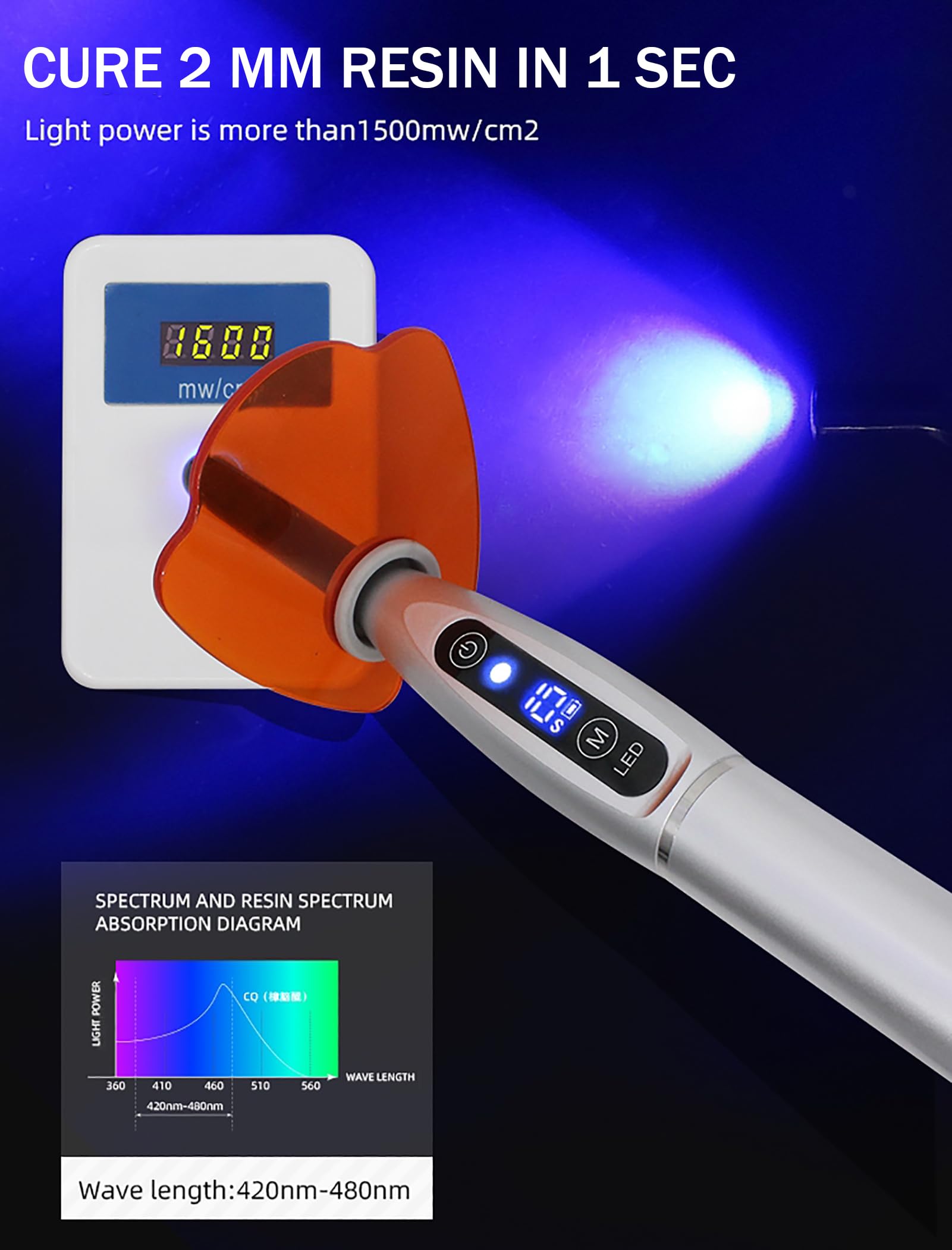 Lampada polimerizzatrice Dentale, Lampada LED Wireless ad Alta luminosità, Tre modalità di Funzionamento Disponibili/polimerizzazione in 5 Secondi, con Display LCD OrangeRed